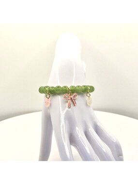 Pink Bow Charm Bracelet Green Beaded Bracelet, Coquette Bracelet for Women, Cute